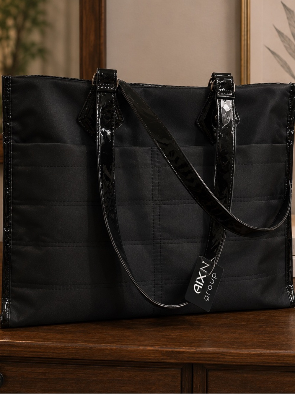 AXIZ Black Quilted Tote with Patent Trim